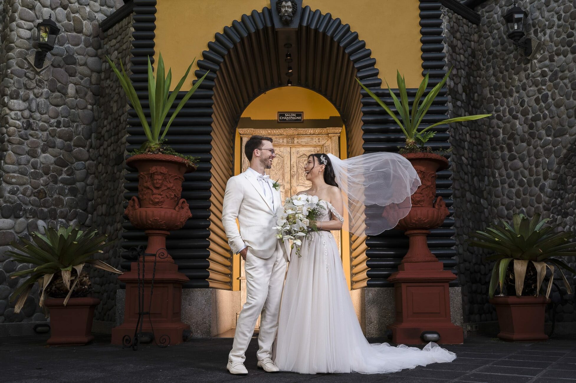 Portrait of the Bride and Groom during their Destination Wedding at Zephyr Palace, Villa Caletas Hotel